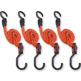 KINDPMA Adjustable Elastic Straps with Hooks, Expander with Metal Hooks, Set of 4, 120 cm Flat Luggage Straps, Orange Rubber Cord, Reflective Rubber Tensioner, Rubber Bands for Awning, Bicycle, Car