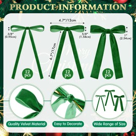 LOYIM 36 Pcs Velvet Christmas Wreath Bow Bulk Christma Velvet Bow Vintage Ribbon Bows Xmas Tree Bows for Christmas Autumn Garland Wedding Decoration 3 Size Width of 3/8'' 5/8'' 1'' (Dark Green)