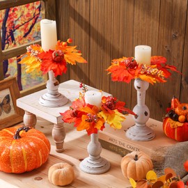 Mumufy 6 Pcs Thanksgiving Rustic Wooden Candle Holders for Pillar Farmhouse Candles 3 Set Vintage Fall Table Centerpiece Decoration Thanksgiving Autumn Candlestick Ring Wreath for Dinning Room Kitchen