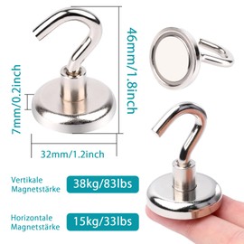 MIN CI Strong Magnetic Hooks 85lb, Strong Magnets Heavy Duty, Neodymium Magnet Hooks 32mm, Magnetic Hooks for Cruise Cabins, Fridge, Kitchen, Workplace 8 Pack
