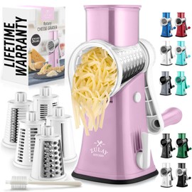 Zulay Kitchen Rotary Cheese Grater 5 Blade Cheese Shredder - Manual Hand Crank Cheese Grater With Reinforced Suction & 5 Interchangeable Drums - Easy to Use, Vegetable Chopper Round Mandoline Slicer