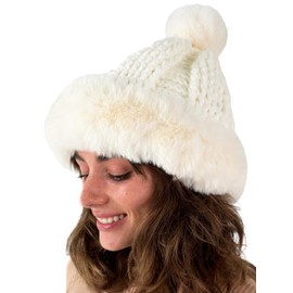 CATCHY & CRAFTY Faux Fur Winter Hats for Women Knit Beanies Pompom Snow Ski Cap (White)