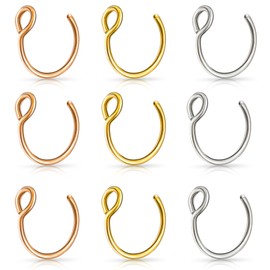 Fake Nose Piercing Ring Fake Septum Hoop Stainless Steel Fake Nose Ring Piercing for Artificial Lips Septum Nose Ring Fakes Set Non-Perforated Lip Ring Fake Nose Ring Pack of 9, Stainless Steel