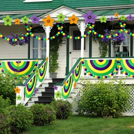 Jutom 52 Pcs Mardi Gras Party Decorations, Includes 8.4 ft Mardi Gras Jumbo Bead Garland 12 Pcs Plastic Mardi Gras Flowers and 4 Pcs Mardi Gras Polyester Bunting Flag for Indoor Outdoor Fence Parade