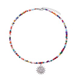 GAODECHA 1pc Boho Choker Necklace Chain Colourful Rice Beads Necklace Bohemian Beads Choker Necklace with Retro Eye Sun Pendant Summer Beach Jewellery Gift for Women Ladies of All Ages, Metal, No