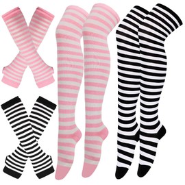 Scettar 2 Pairs of Thigh High Socks & 2 Pairs Long Fingerless Gloves, Striped Knee High Socks Leg Warmers for Women and Arm Warmers for Women and Girls (Black + Pink), (Black + Pink)