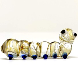 Sansukjai Caterpillar Miniature Figurines Animals Hand Blown Color Glass Art Collectible Gift Decorate, Amber Blue
