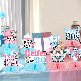 Jollyboom Cow Gender Reveal Decorations, 8pcs Heifer Or Bull Gender Reveal Honeycomb Centerpiece Double-sided Printing Table Decorations for Western Cow Theme He or She Gender Reveal Party