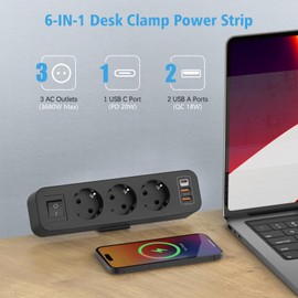 3 Fach Tischsteckdose mit 2 QC und Typ-C PD20W, 7 in 1 Mehrfachsteckdose 3 USB mit Schalter, Steckdosenleiste Schreibtisch mit 2M Kabel für Zuhause Büro