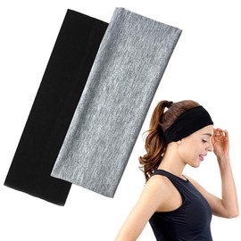 8cm Wide Black Headbands for Women Men, 2pack Fashion Head Bands for Women's Hair, Soft Fabric Stretchy Hair Bands for Makeup, Yoga, Running, Cycling, Gym(Black+Grey)