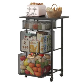 Rolling Kitchen Microwave Cart with Drawer, 4-Tier Microwave Stand Utility Cart with Lockable Wheels, Large Capacity Fruit Vegetable Storage Basket, Kitchen Island Cart for Snacks Potato Onion Drinks
