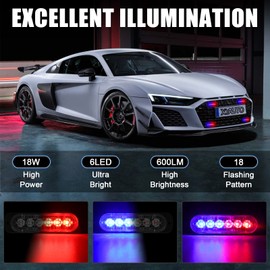 10pcs LED Emergency Strobe Light, XTAUTO 6-LED Ultra Slim Surface Mount Flashing Warning Beacon Hazard Construction Caution Grille Light Bar for Truck Car Off Road Vehicles SUV ATV (Red Blue)