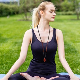 COAI Handmade Onyx Beaded Necklace 108 Mala Beads Necklace for Yoga Meditation, Teardrop Red Agate Necklace for Women