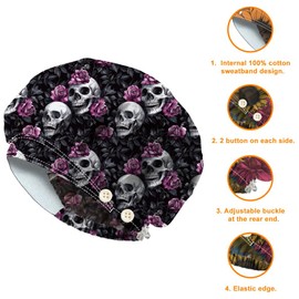 DELORIGIN Skull Rose Bouffant Hats Adjustable Working Caps Cotton Scrub Nursing Doctor Surgeon Cap With Button and Sweatband Breathable Unisex Elastic Bandage Hats for Nurse Cooking