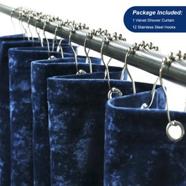 TAMGHO Crushed Velvet Shower Curtain, Navy Blue Shower Curtain Set with 12pc Polished Nickel Hooks, Machine Washable, Waterproof Lined Bathroom Curtain 72x72