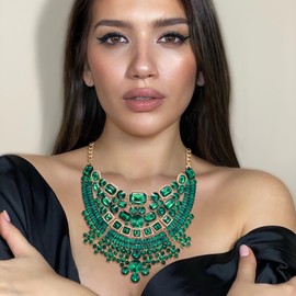 Ever Faith Green Rhinestone Chunky Necklace, Sparkly Crystal Art Deco Costume Bib Statement Collar Necklace for Women Girls