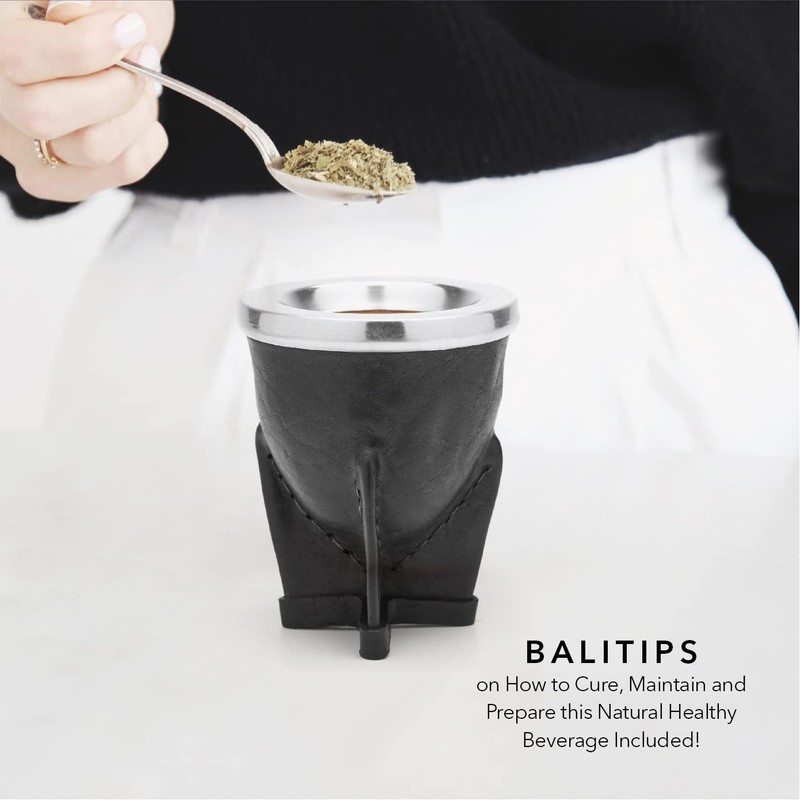 Leather Wrapped Handmade Mate Gourd Including Straw (Bombilla) (Black)