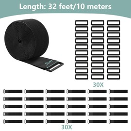 WSZJINB 1.5In x 32Ft Cable Straps Heavy Duty With 40 Buckles, Black Hook and Loop Straps, Reusable Cable Ties for Organizer or Storage