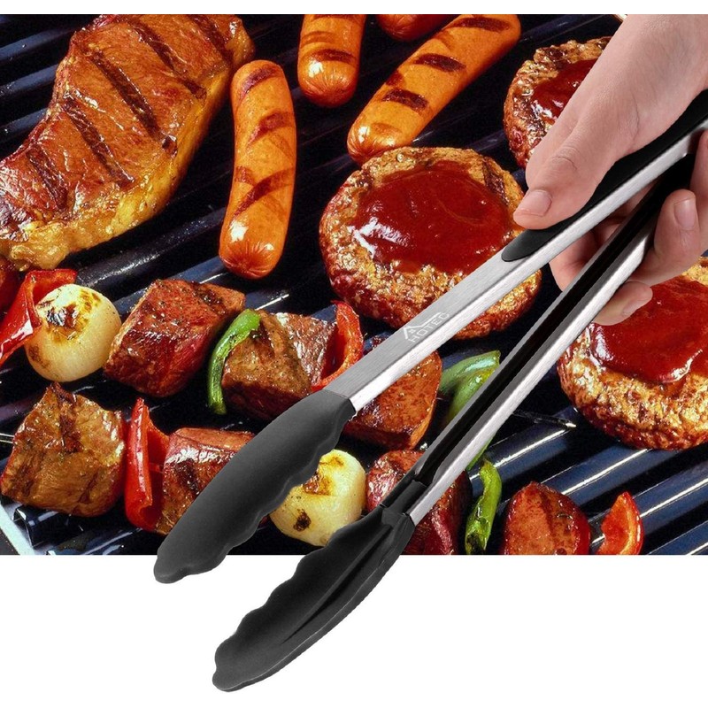 HOTEC Premium Stainless Steel Locking Kitchen Tongs with Silicon Tips,