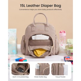 LOVEVOOK Diaper Bag Backpack, Small Leather Diaper Backpack, Quilted Stylish Waterproof Baby Diaper Bags with Insulated Pockets for Mom Women Light Camel