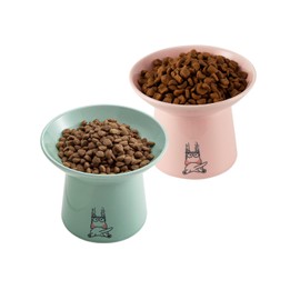 Extra Wide Elevated Ceramic Cat Bowls, 6.5 Inch Raised Pet Bowl Set for Food & Water, Whisker Fatigue Shallow Food Dish for Elder Big Cats Small Dogs, Set of 2, Green & Pink
