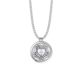 Extel 1-1/4 Inch Nickel Silver Round Lutheran Rose Medal Pendant Charm for Men with 24 inch Stainless Steel Rhodium Plated Curb Chain