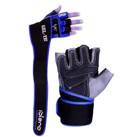 Islero Fitness Leather Weightlifting Gloves Neoprene GEL Gym Straps Wrist Support Wraps Cycling (Medium, Blue)