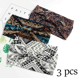 Aceorna Boho Bandeau Headbands Wide Knot Hair Band Stretch Turban Head Wraps Fashion Hair Accessories for Women and Girls 3 Pcs (Retro)