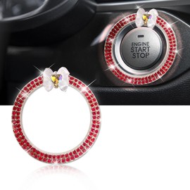 3leavtrees Transparent Love Crystal Double Rhinestone,Car Engine Start Decoration Ring,Sparkling Push Start Button Sticker,Key Ignition & Knob Ring Decoration,Bling Car Interior Accessories - Red