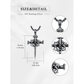 Swordgod Black Nail Cross Necklace for Men Women 925 Sterling Silver 3 Nail and Crown of Thorns Cross Pendant Necklaces with Stainless Steel Rolo Chain for Birthday Anniversary Christmas Gifts