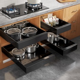 Seinloes 4 Pack Expandable Width (9"-14.1") Pull Out Cabinet Organizer 21" Deep with Raising Pad for Framed Cabinets, Upgrade 3 Slide Rails Slide Out Drawers, Roll Out Shelves Adhesive, Black