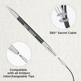 KnitPro - KnitPro Acciaio Inox Nero/Argento 360° Cavo Girevole Intercambiabile per Ago da 60cm con Cappucci Terminali e Chiave Cavo - 1 Set
