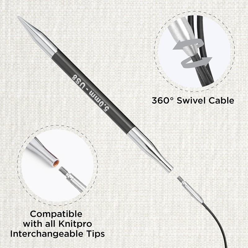 KnitPro - KnitPro Acciaio Inox Nero/Argento 360° Cavo Girevole Intercambiabile