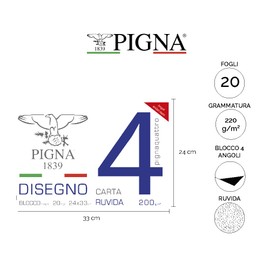 Pigna, Blocco da Disegno con 4 angoli PignaQuattro, Formato 24x33 cm., 20 Fogli da 200 g/m², Perfetto per Disegni e Schizzi, Carta Ruvida, confezione 1 pezzo
