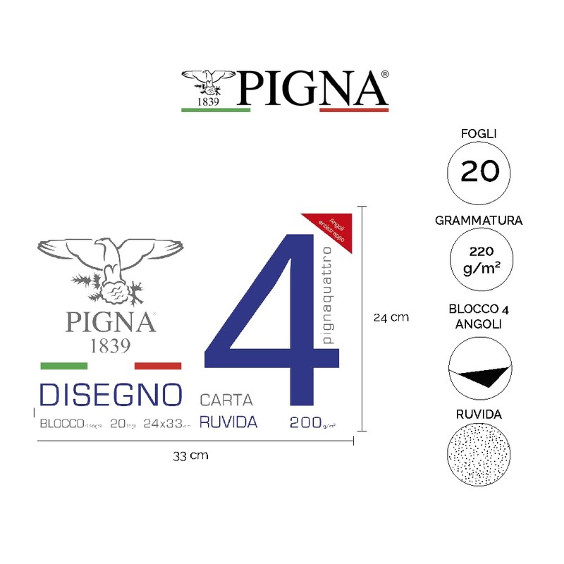 Pigna, Blocco da Disegno con 4 angoli PignaQuattro, Formato 24x33