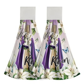 Giwawa He is Risen Kitchen Hanging Towel Set of 2 Easter Cross Spring Lily Floral Hand Tie Towel with Loop Hook Soft Absorbent Dish Tea Bar Towel Washcloth for Bathroom Laundry Room Gym Decor