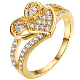 JewelryWe Double Heart Rings for Women Gold Plated Simulated Diamond CZ Wedding Bands Proposal Engagement Ring