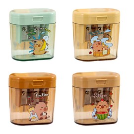 JYNVO Pack of 4 Capybara Pencil Sharpeners with Container, 4 Colours, Pencil Sharpener with Double Holes and Lid, Handheld Pencil Sharpener for Thick and Thin Pencils, Children's Pencil Sharpener for