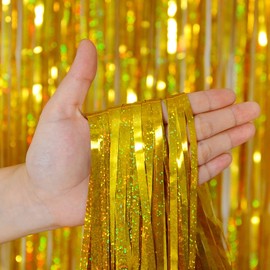 BEKOIUP Tinsel Curtain Gold 3 Pieces - 1 m x 2.5 m, Glitter Curtain Photo Wall Party, Sparkle Curtain Decoration, Foil Shimmer Tinsel Foil Fringe Curtain for Birthday, Wedding, Party Decoration