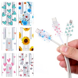 YUXMU 6Pcs Cute Cord Protector for Chargers, Flower Transparent Cable Protectors Floral Heart Charger Saver Accessories for Phone Type-C Charger