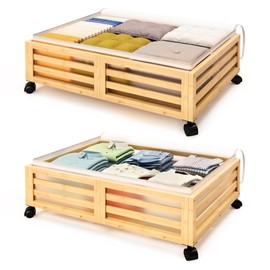 Under Bed Storage with Wheels-Large Bamboo Underbed storage Containers with Large Dust Bag Stackable Under the Bed Shoe Storage Bins for Clothes Books Bedding (2 Packs Nature, 23.62"L×16.54"W× 6.51"H)
