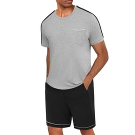 Crewhpo Men's Short Cotton Two-Piece Pyjamas Short Sleeve with Crew Neck Pyjamas Men in Contrast Colour Sleepwear Loungewear Summer, Grey and black, XL