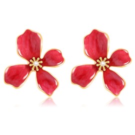 TUCEWP Cute Flower Earrings Red Vintage Flower Drop Earrings Trendy Fashion Pearl Statement Earrings Chic Elegant Enamel Floral Stud Earrings for Women Mom Holiday Wedding Birthday Jewelry Gift