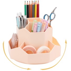 SAMSYOKI Rotating Pen Holder, 360° Rotating Desk Organiser, Rotation Pen Holder with 9 Compartments, Pen Holder Storage Box for Pens, Office Supplies, School Supplies, Makeup Brushes (Pink)