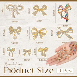 Landical 9 Pcs Delicate Crystal Bow Brooch Pin for Women, Glitter Pins Dress Suit Shirt Ceremony Clothes Jewelry Accessories(Gold)