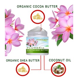 Botanical Beauty PLUMERIA WHIPPED BODY BUTTER with Shea Butter, Cocoa Butter, Coconut Oil for All Skin Types, for Dry, Sensitive Skin. Moisturizing Cream for Women, Men (8 Fl Oz 240 ml)