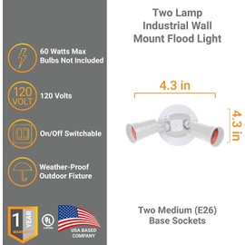 Diodesy- Dual Head Flood Light Outdoor Security Wall Mount 60W Max 2-Lamp E26 Socket (Bulbs Not Included) Waterproof Industrial Adjustable Twin Head for Yard Patio Garage White Finish UL Listed