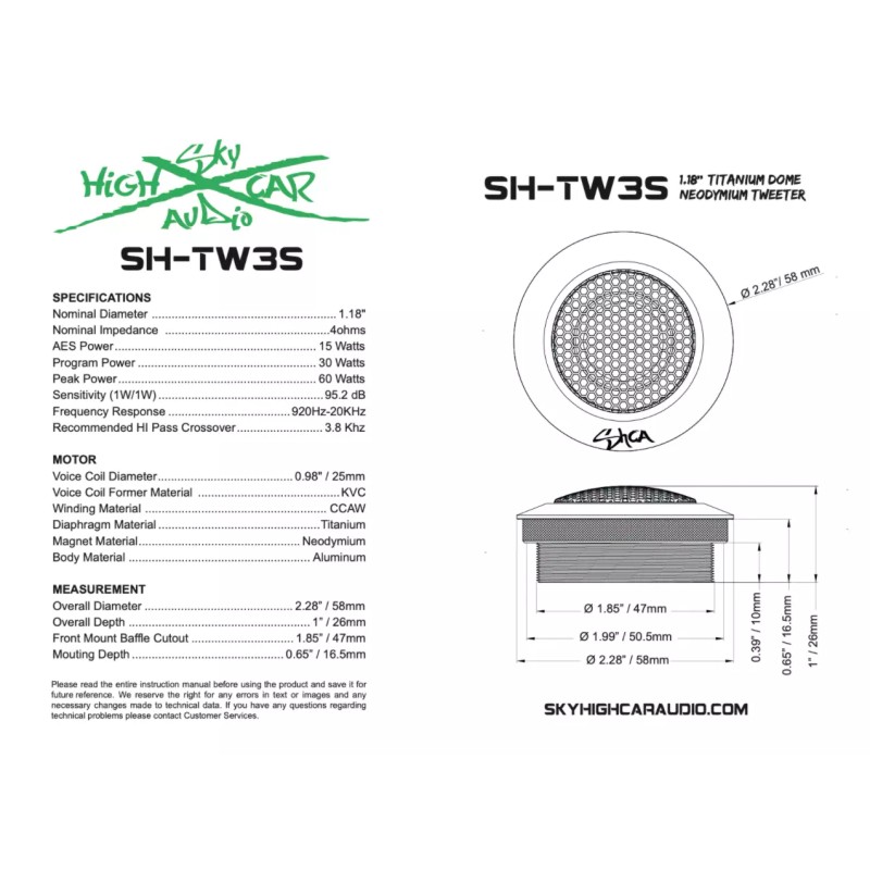 Sky High Car Audio TW3S Neo Titanium Diaphragm 1"VC Tweeter