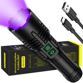 UV Blacklight&High Lumens Flashlight Rechargeable, Powerful Blacklight Flashlights for Pet Urine Detection, Resin Curing, Scorpion, Zoomable Waterproof Tactical LED Flashlight for Camping, Emgergency