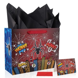 Spider Gift Bag Set, Spider Theme Goodie Favors Candy Bag Wrapping Paper Greeting Cards Envelope Cartoon Theme Party Supplies for Men Kids Boys Birthday Party Decoration